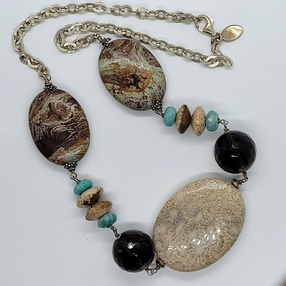 Necklace JRI 925 Silver Multi-Stone Fossil Jasper 18" Adjustable - Picture 1 of 8